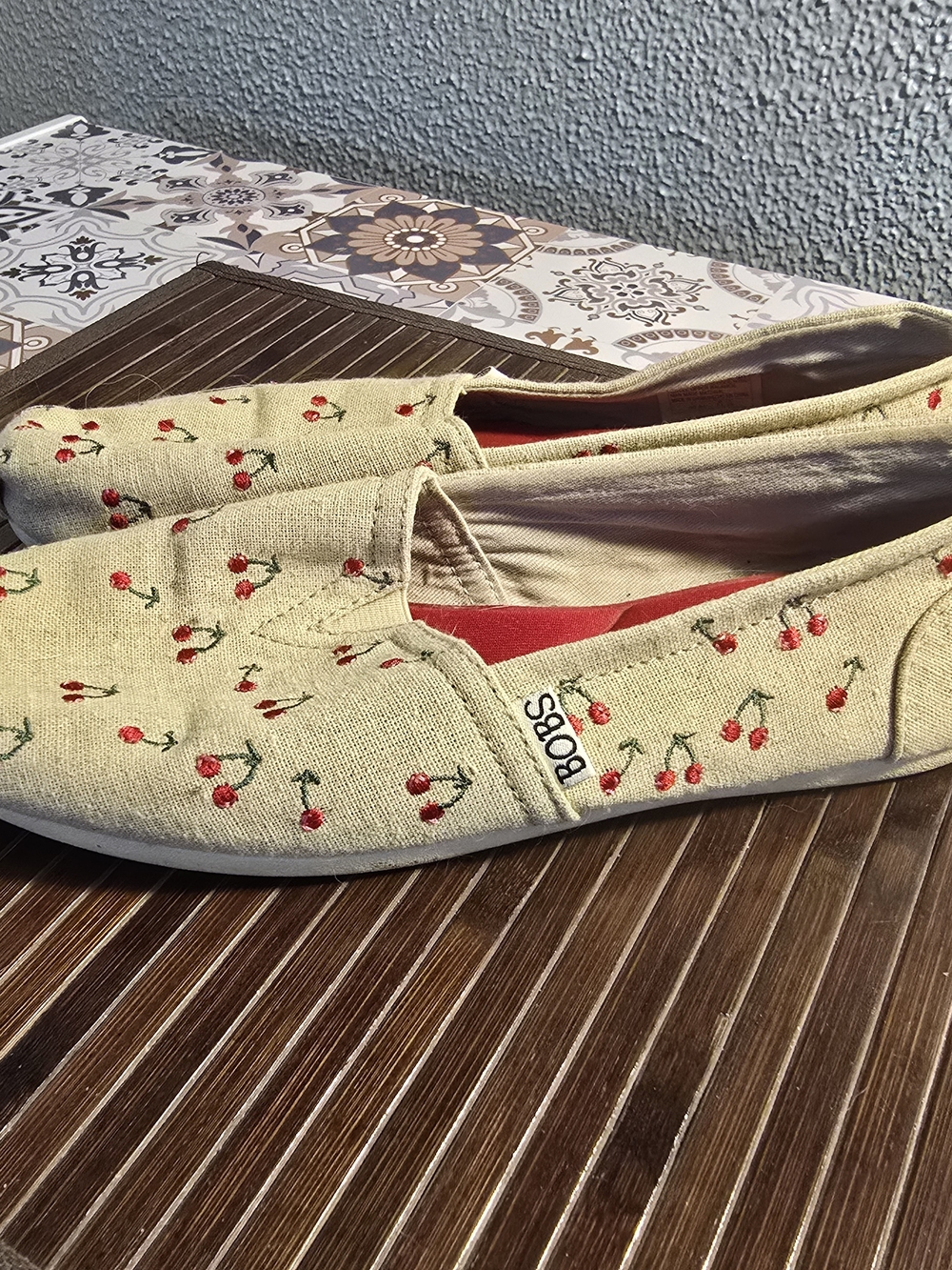 BOBS from Skechers Beige Canvas Slip-On Flats with Red Cherry Embroidery